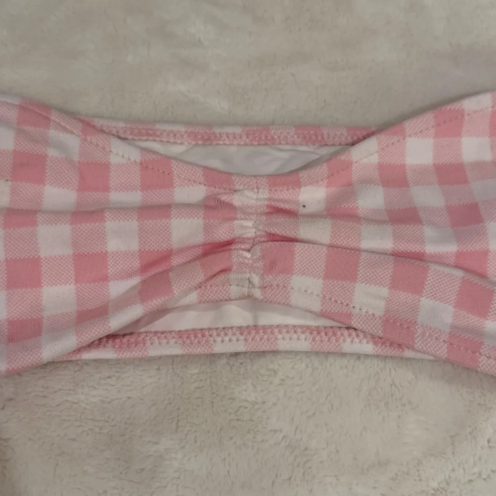 New! Frankie’s Bikinis Jeanette Strapless Bikini Top Pink Gingham 31545